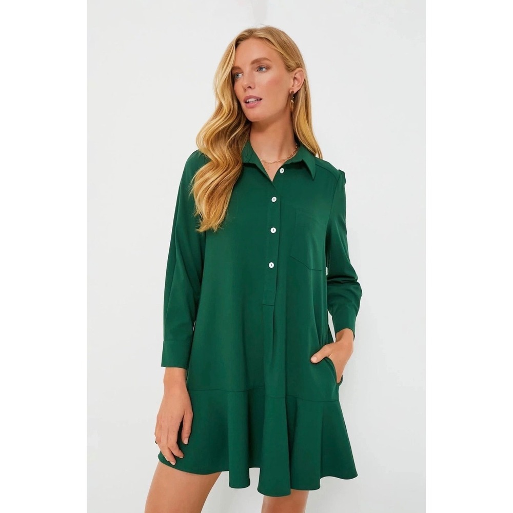 Tuckernuck Callahan Shirt Dress Hunter Green Ruffle Hem Long Sleeve Womens L NEW